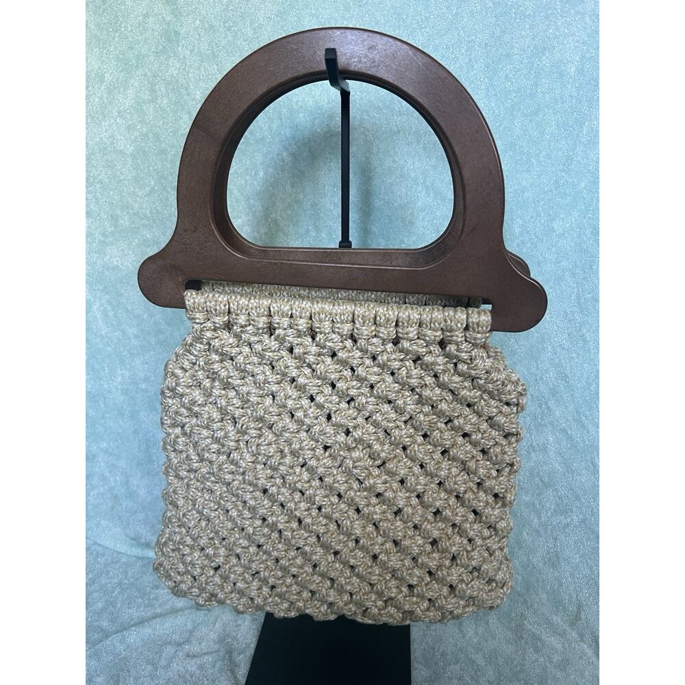 1970’s Vintage Macrame Boho Handbag Purse Beige Brown “Wood” Plastic Handle
